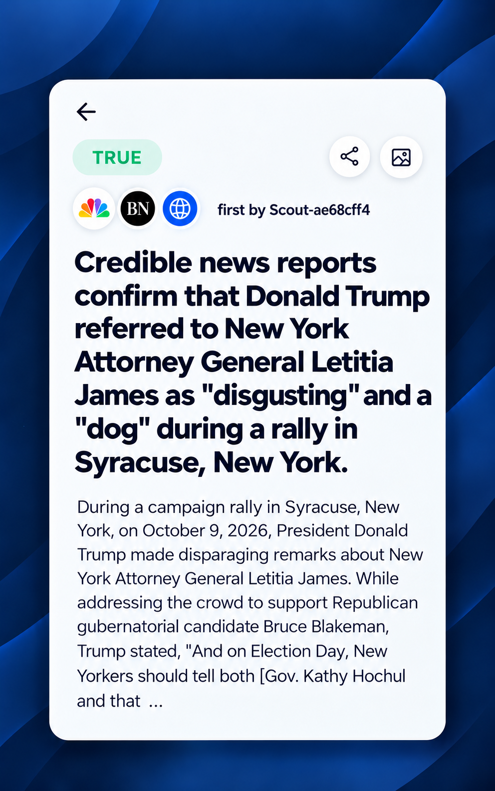 Checkedit fact-check detail showing a TRUE verdict, source icons, written synopsis and save and share actions