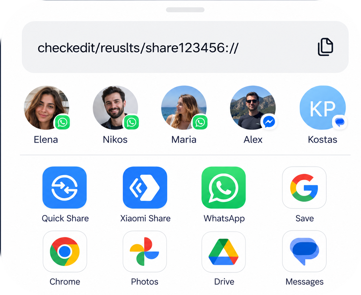 Checkedit share sheet showing a shareable invite link, contacts and sharing options